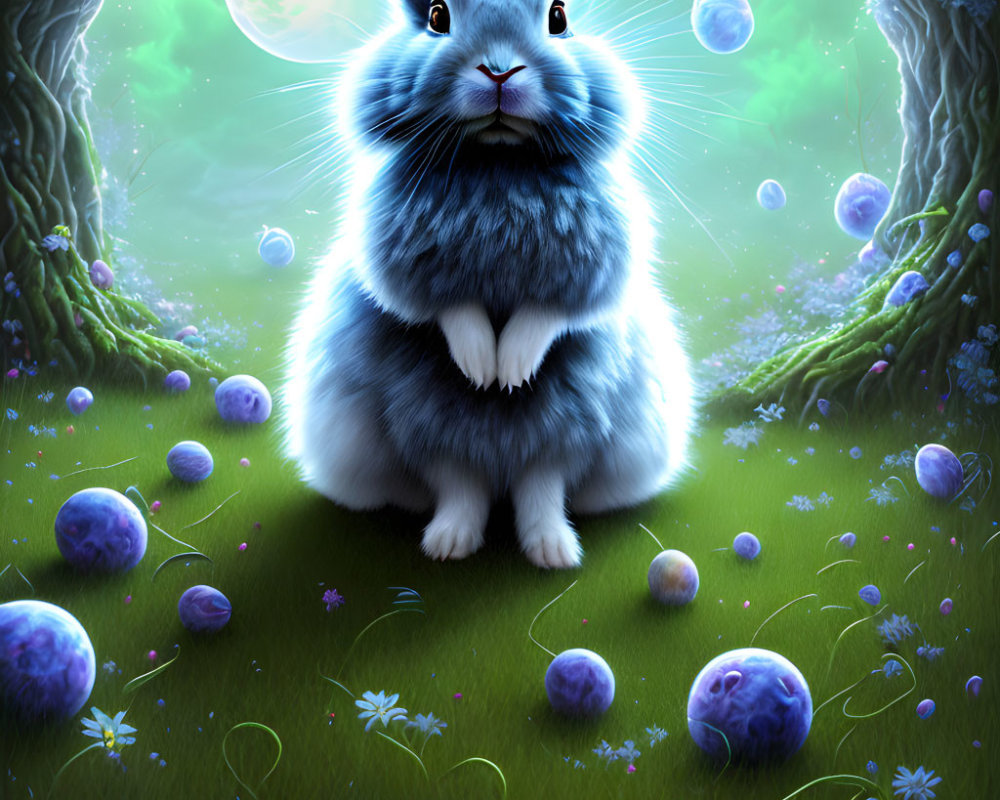 Blue rabbit in magical meadow under night sky with multiple moons and glowing orbs