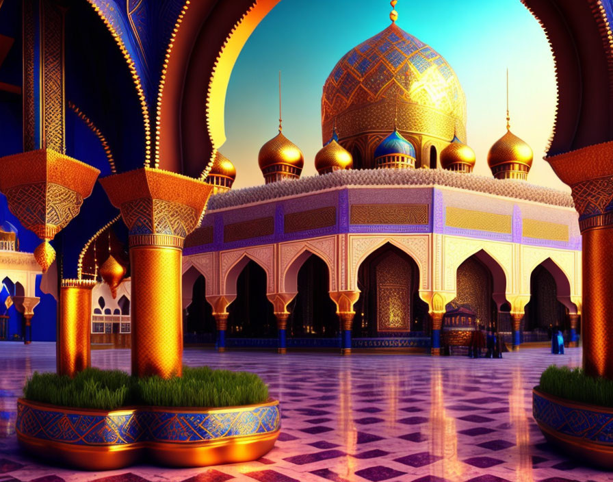 Ornate palace with golden domes and blue patterns at twilight