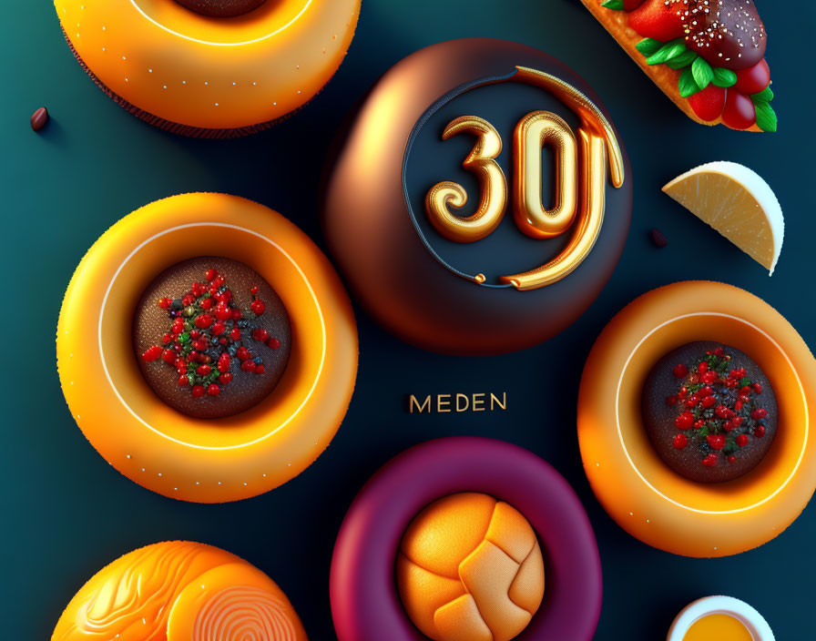 Colorful 3D Composition: Central Sphere with "30" Surrounded by Food Items & Ge