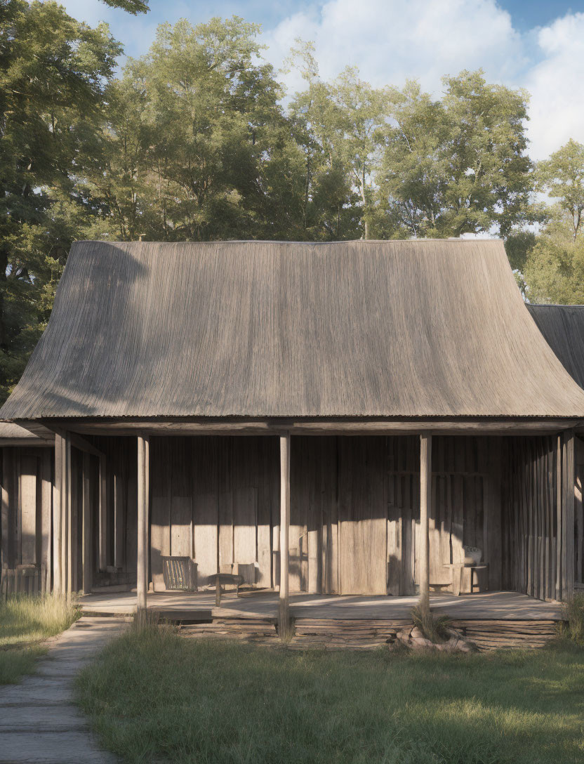 Traditional Wooden House with Thatched Roof and Front Porch Chairs