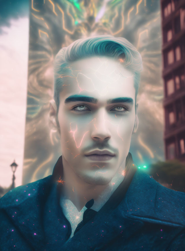 Blond-haired man portrait with energy effects in urban setting