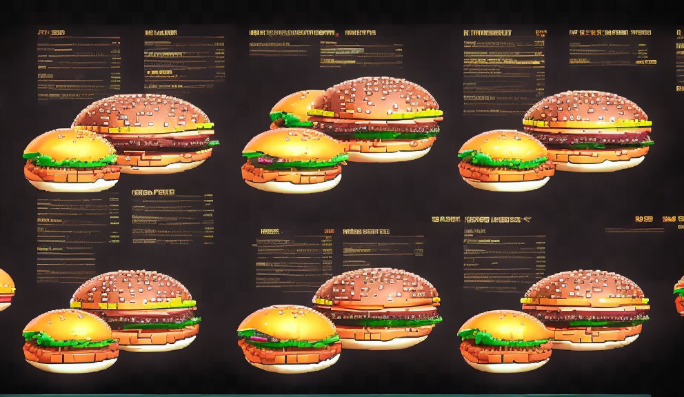 Collection of digital cheeseburgers on futuristic menu backdrop