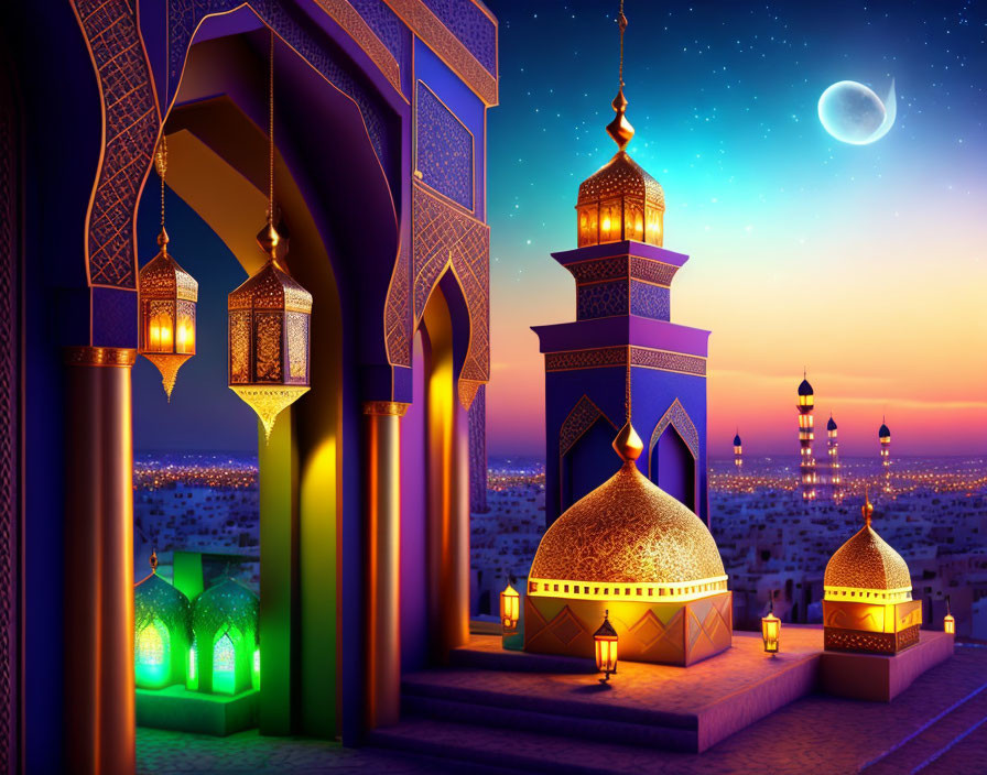 Illustration of Arabian architecture with arches and minarets under a crescent moon