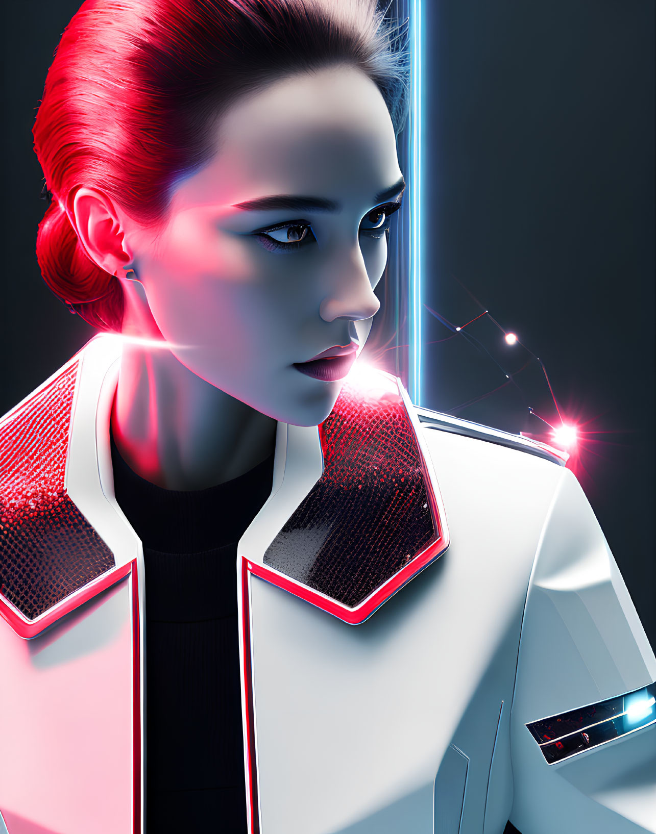 Digital artwork: Woman with red luminescent hair in futuristic white jacket