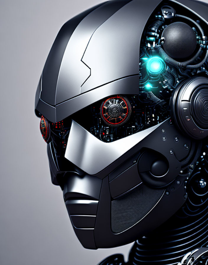 Detailed humanoid robot head with red eyes and grey helmet.