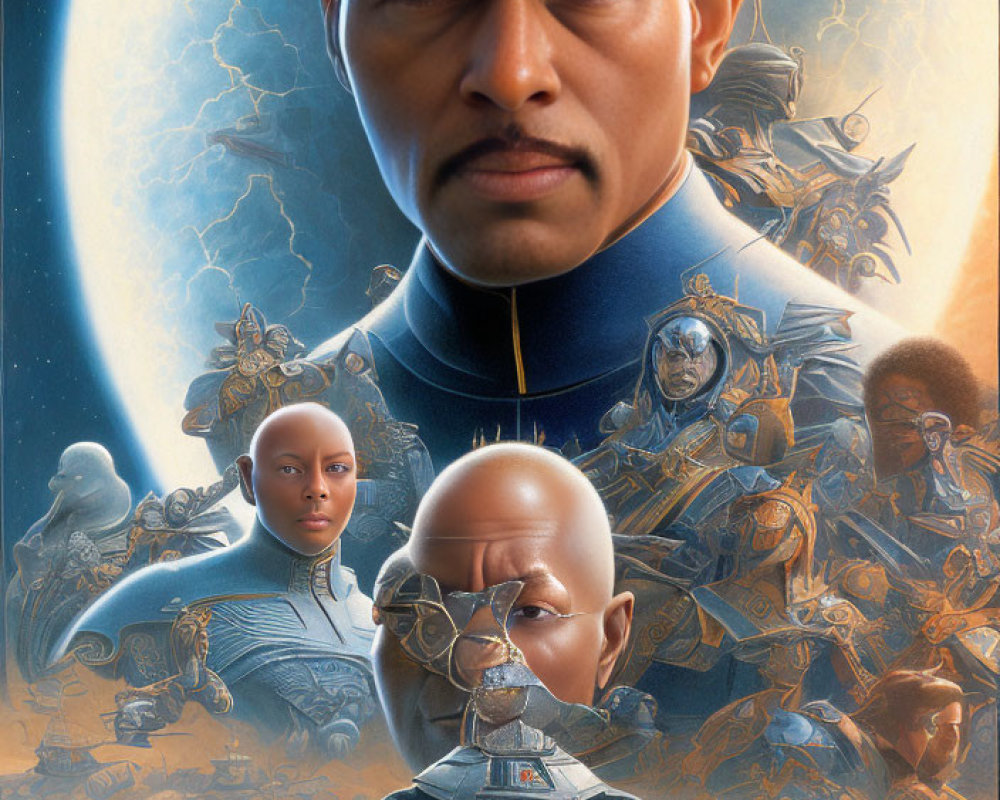 Sci-fi themed poster featuring male figure, characters, spaceship, and cosmic backdrop