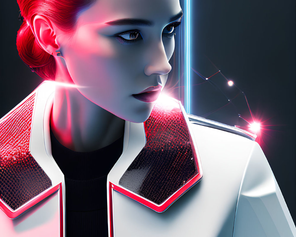 Digital artwork: Woman with red luminescent hair in futuristic white jacket