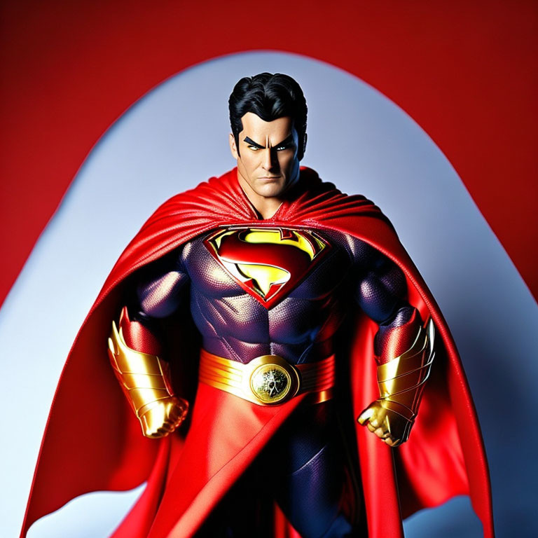 Colorful Superman figurine with red cape and blue suit on red and blue backdrop