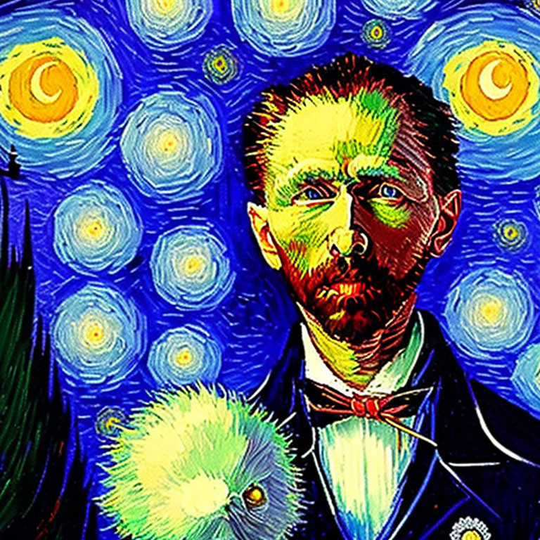 Vincent van Gogh-inspired self-portrait with starry night sky reinterpretation