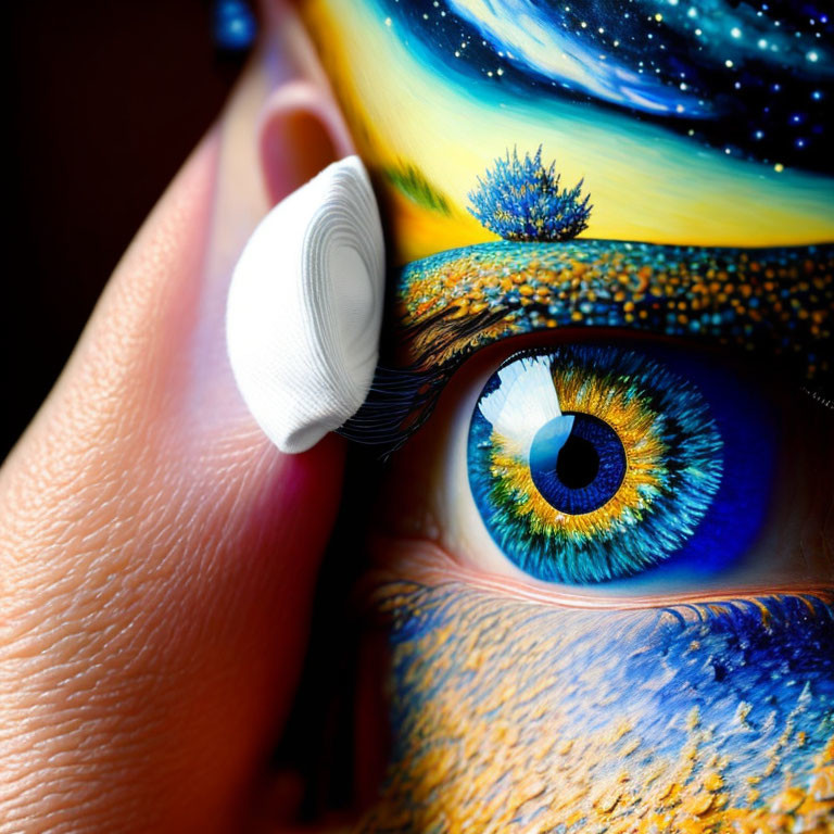 Detailed Close-Up of Vibrant Blue Eye with Starry Night Sky Makeup