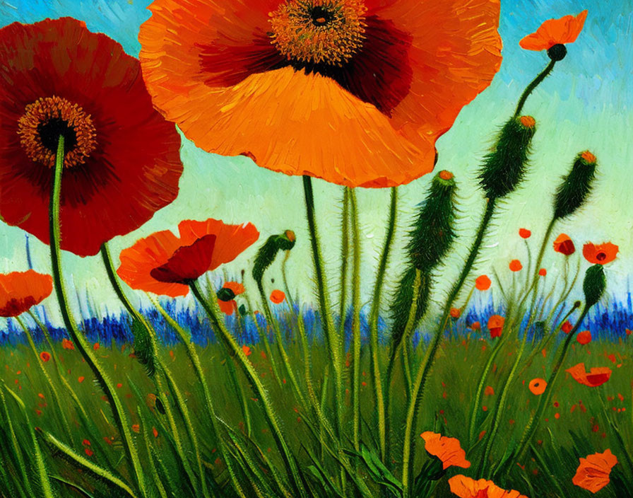 Colorful painting of red-orange poppies on textured blue and green backdrop