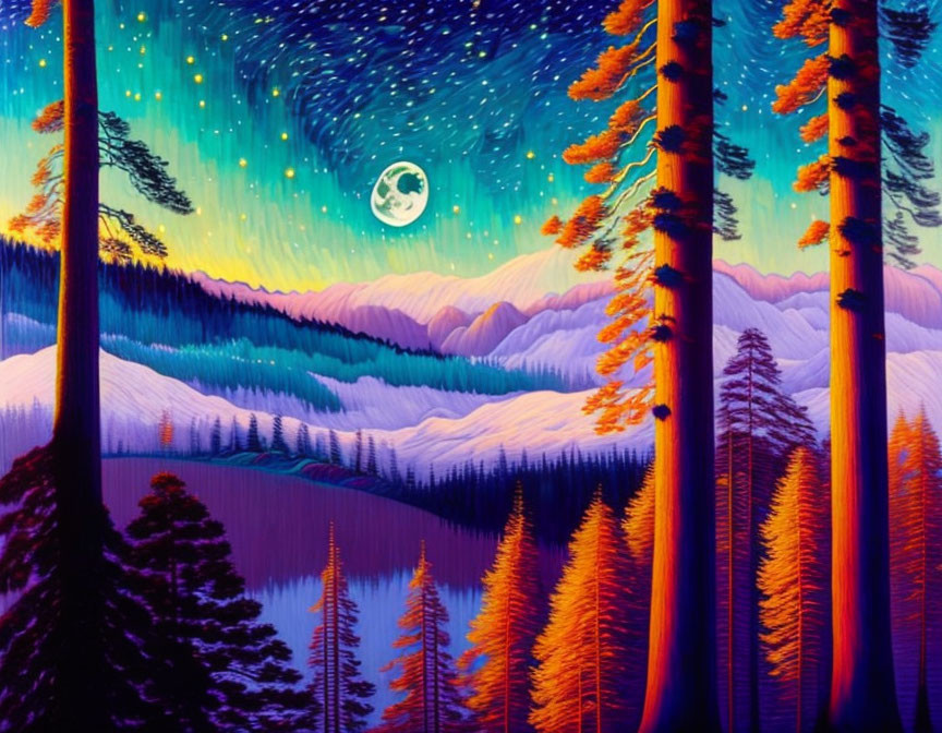 Vibrant forest painting with tall trees, lake, snowy mountains, starry sky, full moon