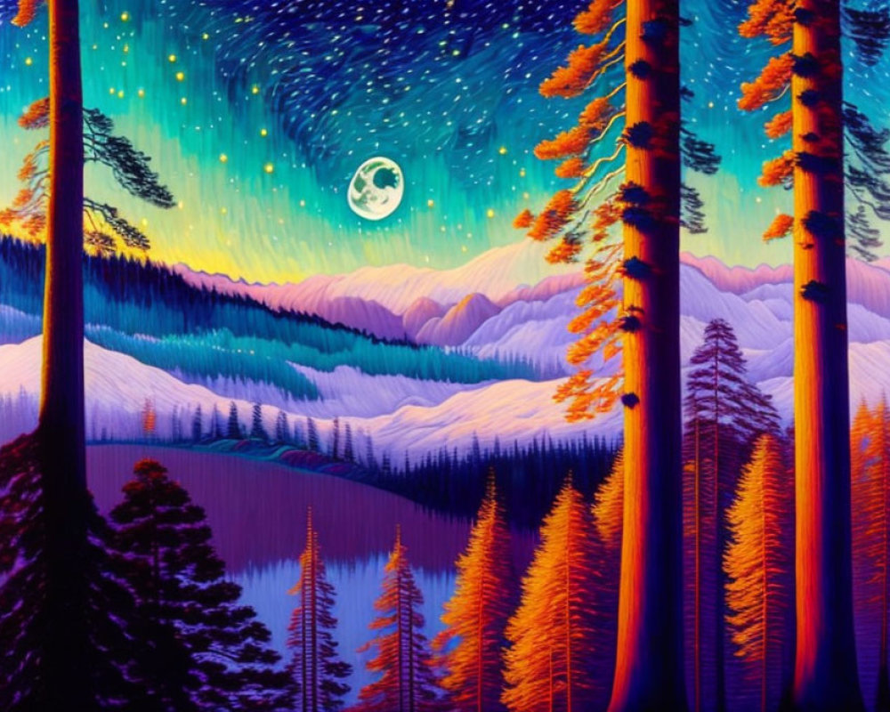 Vibrant forest painting with tall trees, lake, snowy mountains, starry sky, full moon