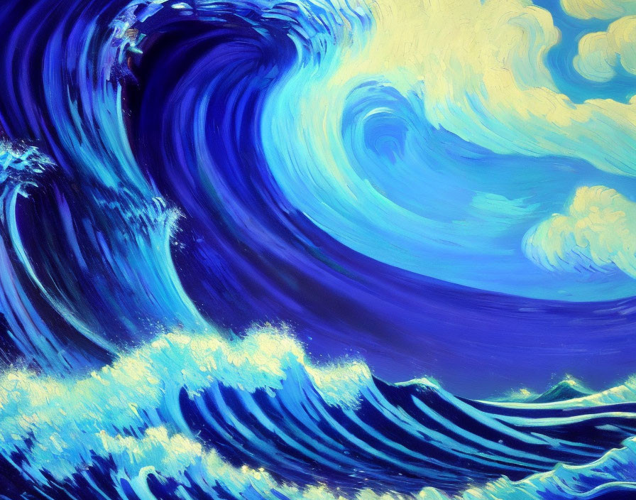 Vibrant painting of swirling blue wave against yellow sky