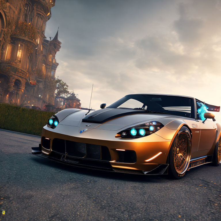 Bronze sports car with custom headlights outside ornate building at dusk