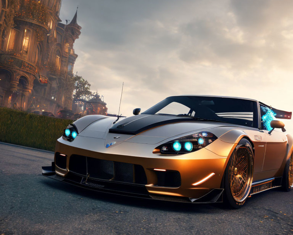 Bronze sports car with custom headlights outside ornate building at dusk