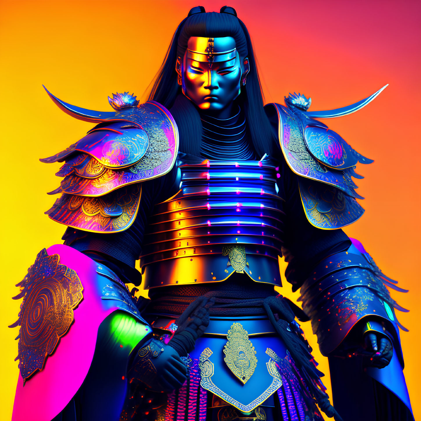 Vibrant samurai digital art in purple, blue, and orange hues