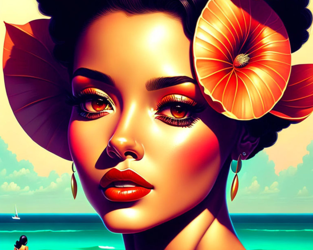 Woman with Large Flowered Hair, Glowing Skin, Ocean View & Beach Person