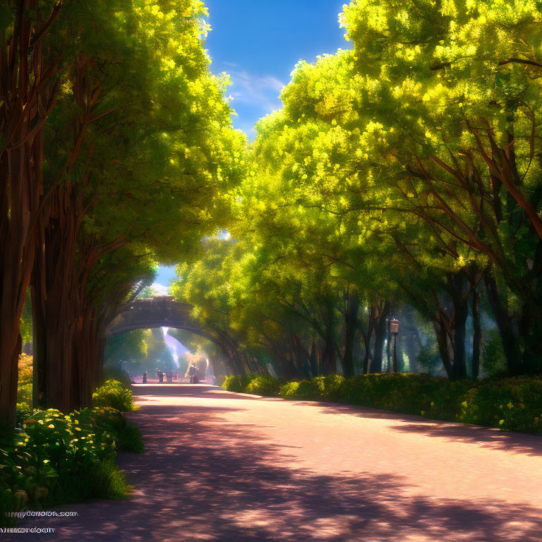 Tranquil park pathway with lush trees and glowing tunnel