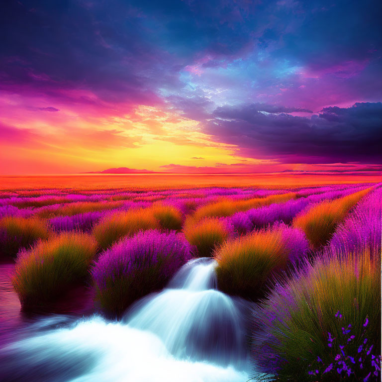 Scenic lavender field sunset with stream under dramatic purple and orange sky