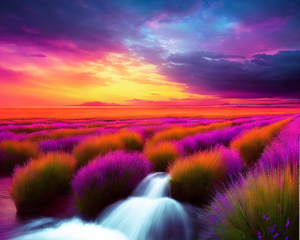 Scenic lavender field sunset with stream under dramatic purple and orange sky