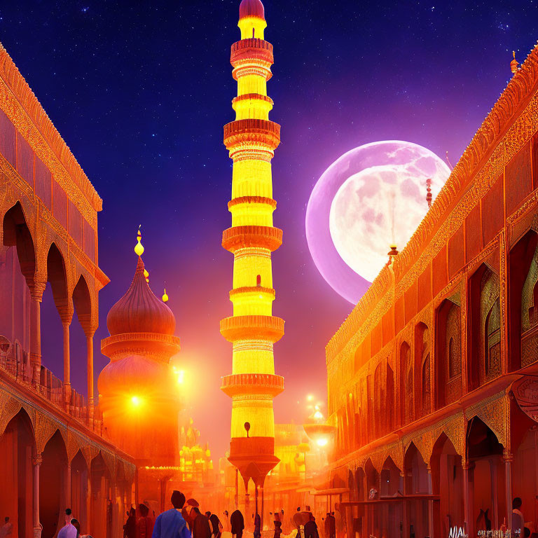 Vibrant illuminated mosque under full moon