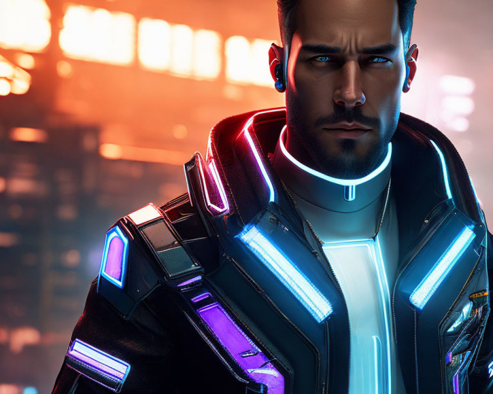 Man in Futuristic Neon-Lit Jacket Against City Lights