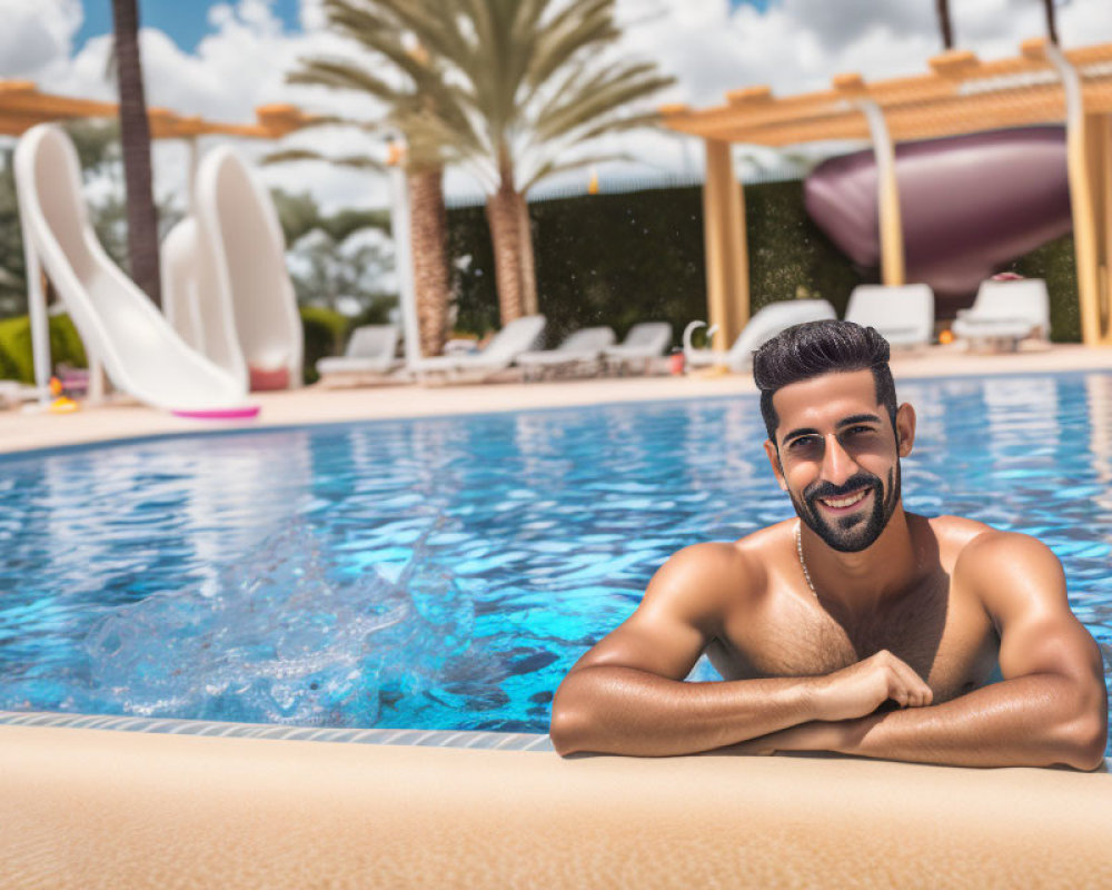 Man smiling by sunny pool with water slides & palm trees