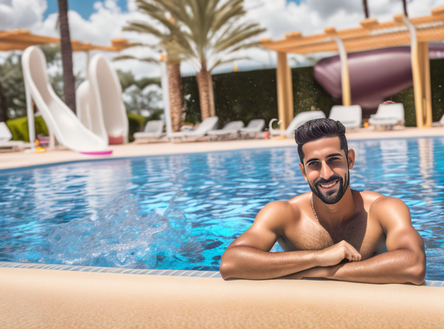 Man smiling by sunny pool with water slides & palm trees