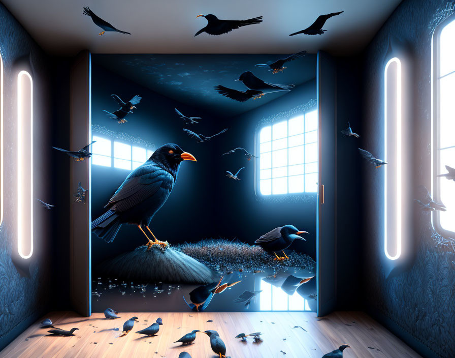 Dark blue room with neon-lit crows perched and flying.