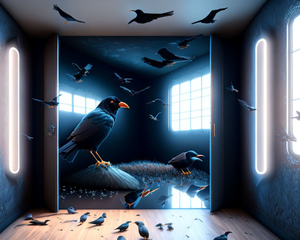 Dark blue room with neon-lit crows perched and flying.