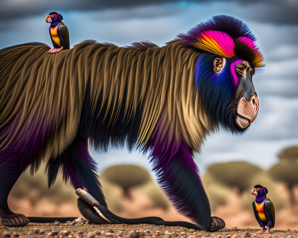 Colorful Mandrill with Vibrant Birds on Rocky Terrain