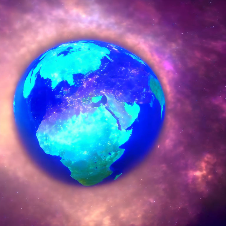 Colorful Earth depiction against pink and purple cosmic backdrop