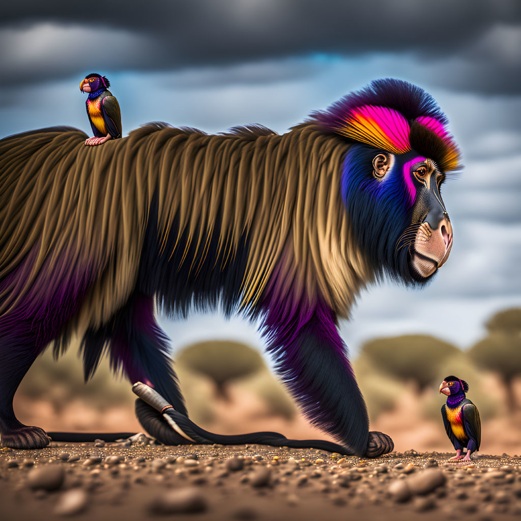 Colorful Mandrill with Vibrant Birds on Rocky Terrain