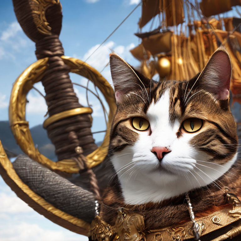 Cat with Unique Markings Wearing Gold Collar in Pirate Scene