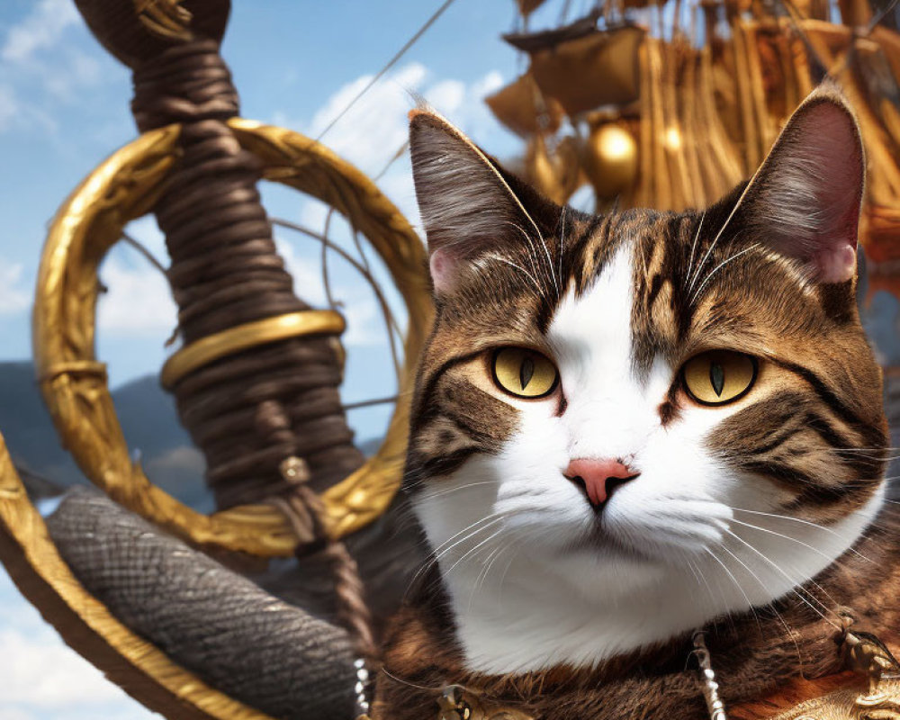 Cat with Unique Markings Wearing Gold Collar in Pirate Scene