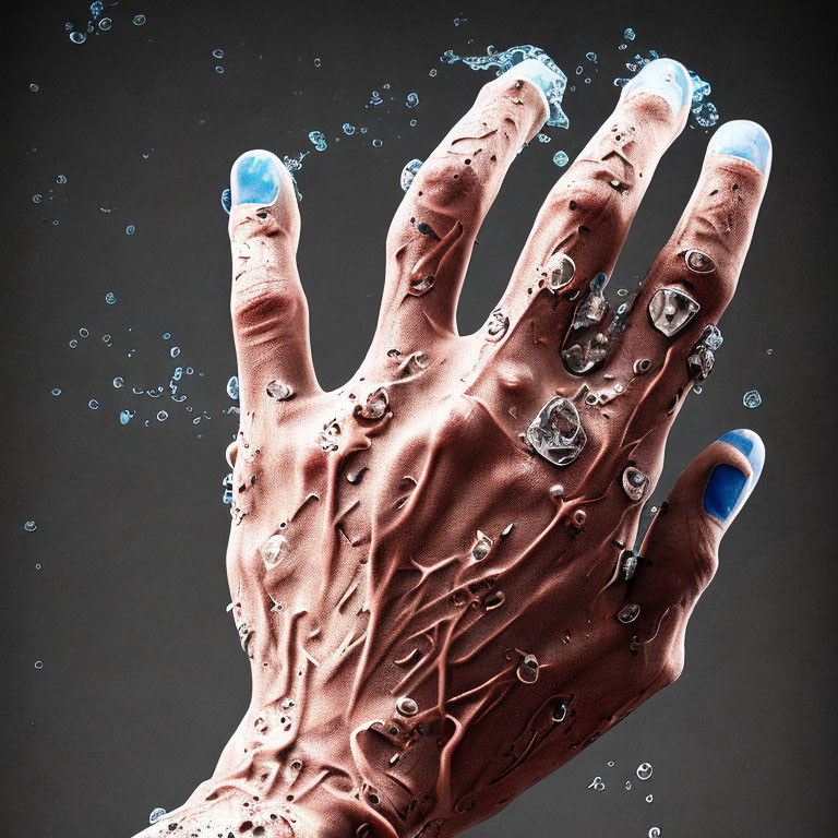 Hand submerged in liquid with air bubbles, blue-painted nails, dark background