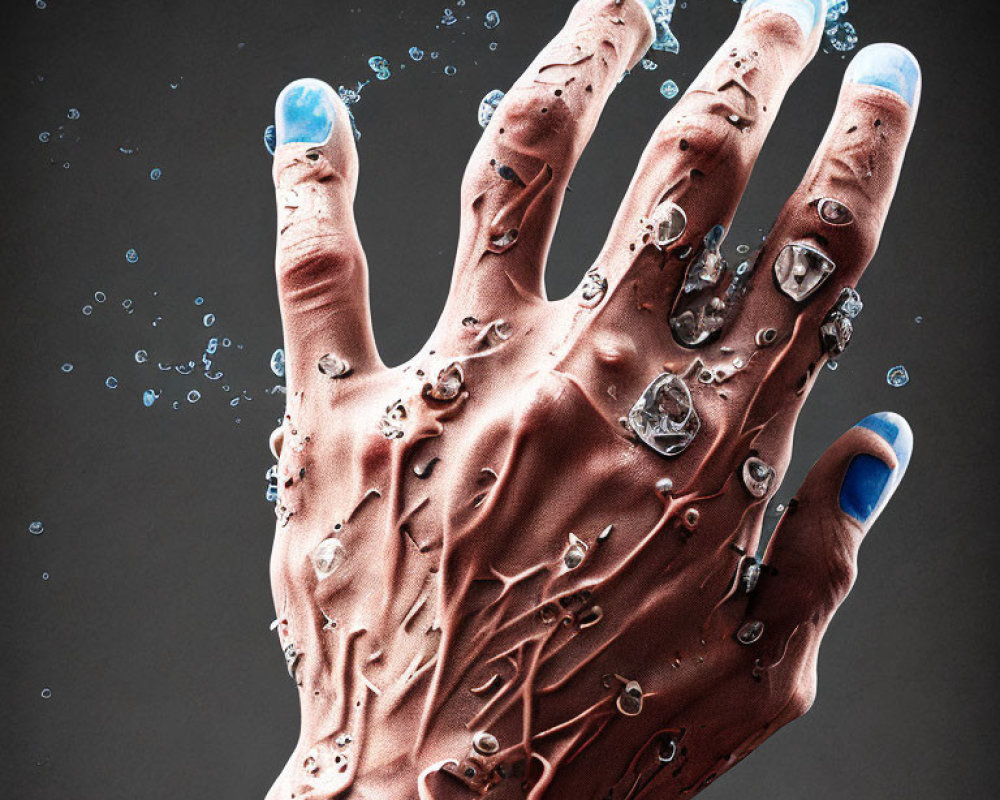 Hand submerged in liquid with air bubbles, blue-painted nails, dark background