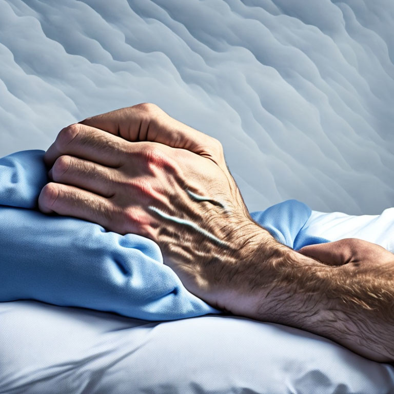 Clenched Hands on Blue Pillow with Wavy Background