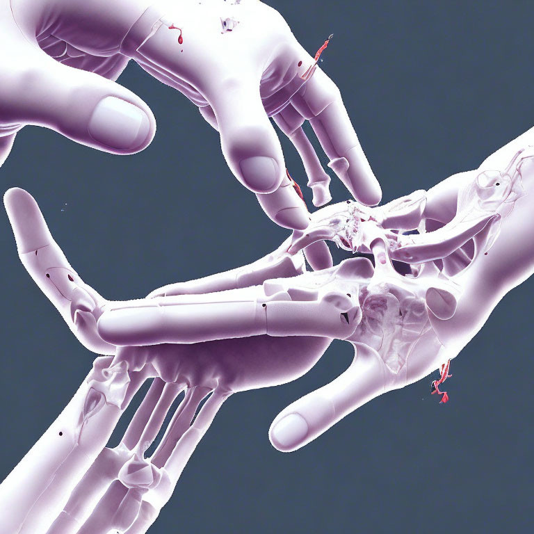 X-ray image of intertwined skeletal hands in gentle touch