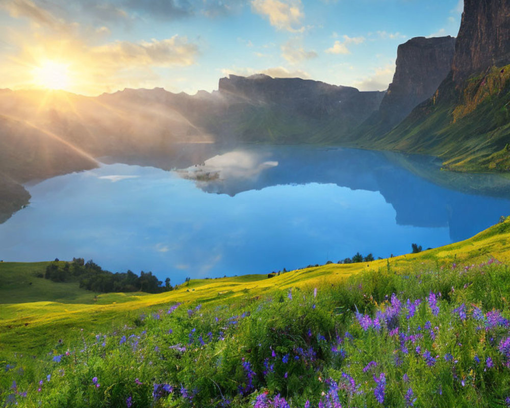 Tranquil Lake Sunrise with Wildflowers and Mountains