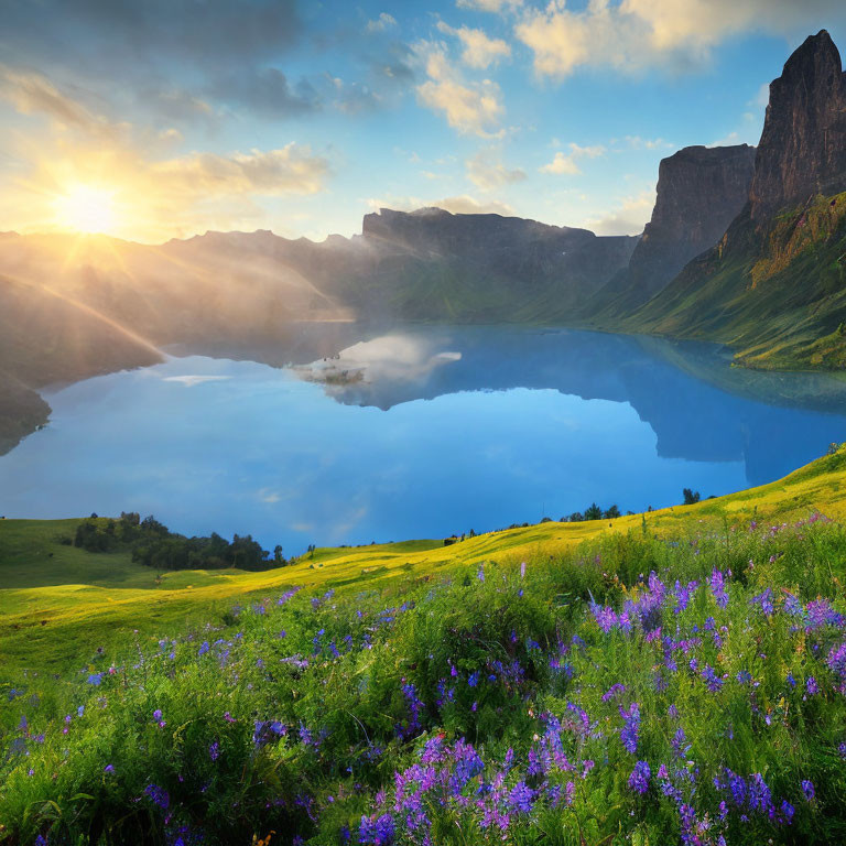 Tranquil Lake Sunrise with Wildflowers and Mountains