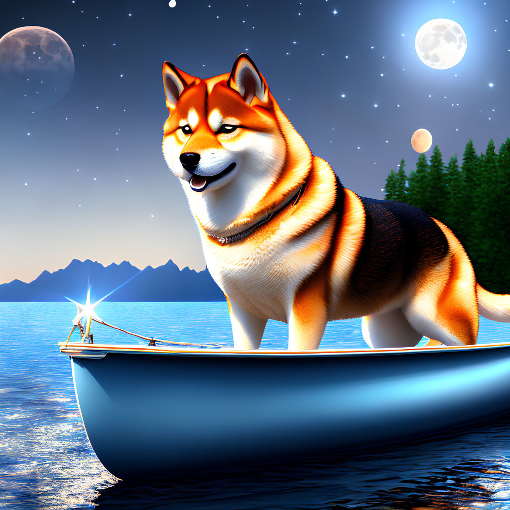 Shiba Inu dog in boat with lantern, moonlit mountain backdrop, two moons