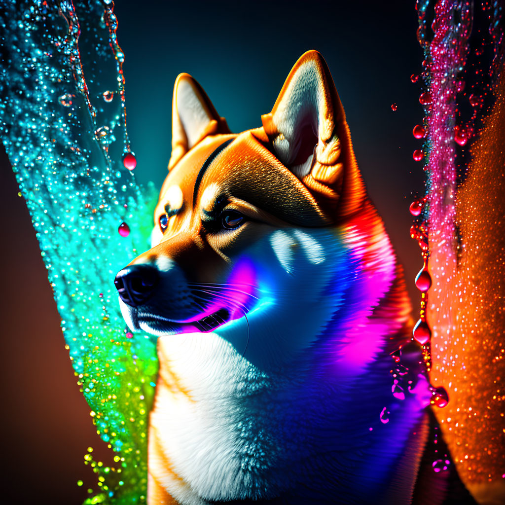 Colorful Neon-Lit Shiba Inu with Water Background