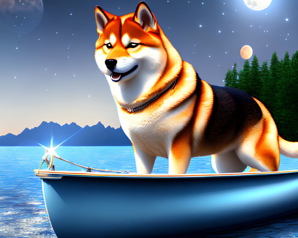 Shiba Inu dog in boat with lantern, moonlit mountain backdrop, two moons