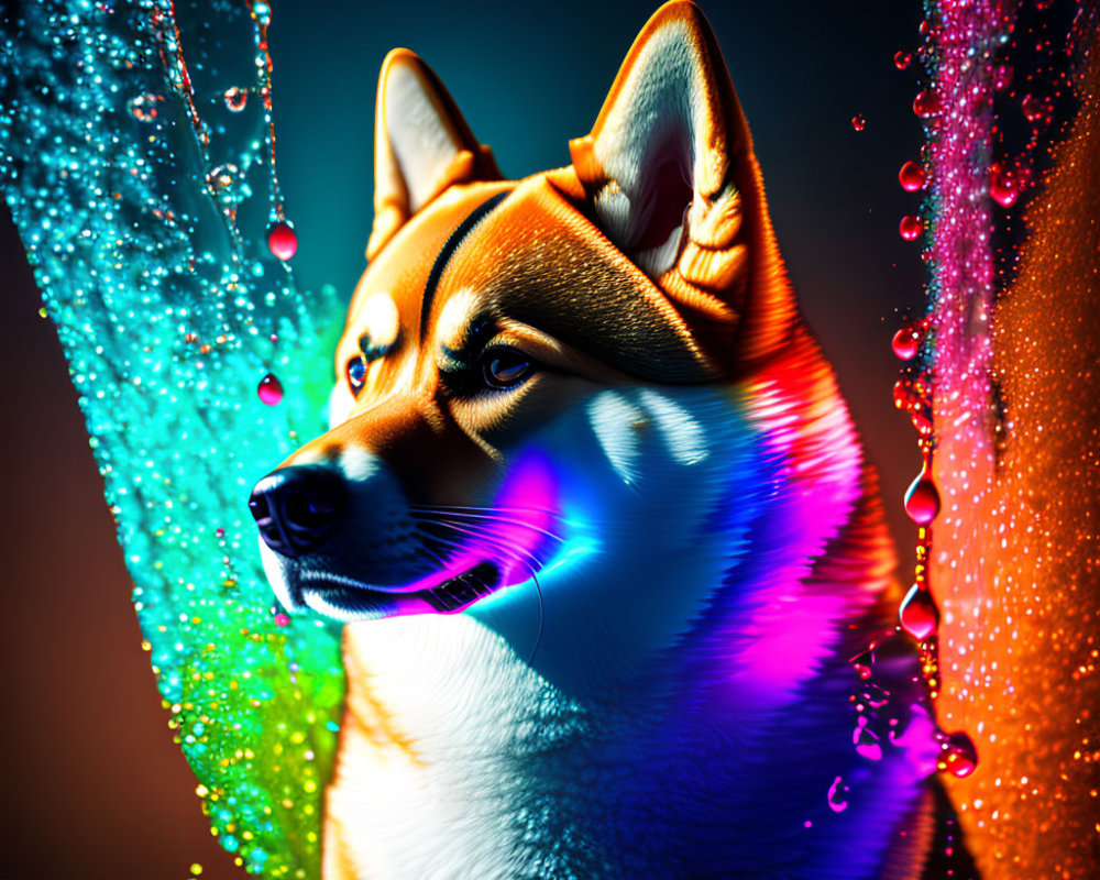 Colorful Neon-Lit Shiba Inu with Water Background