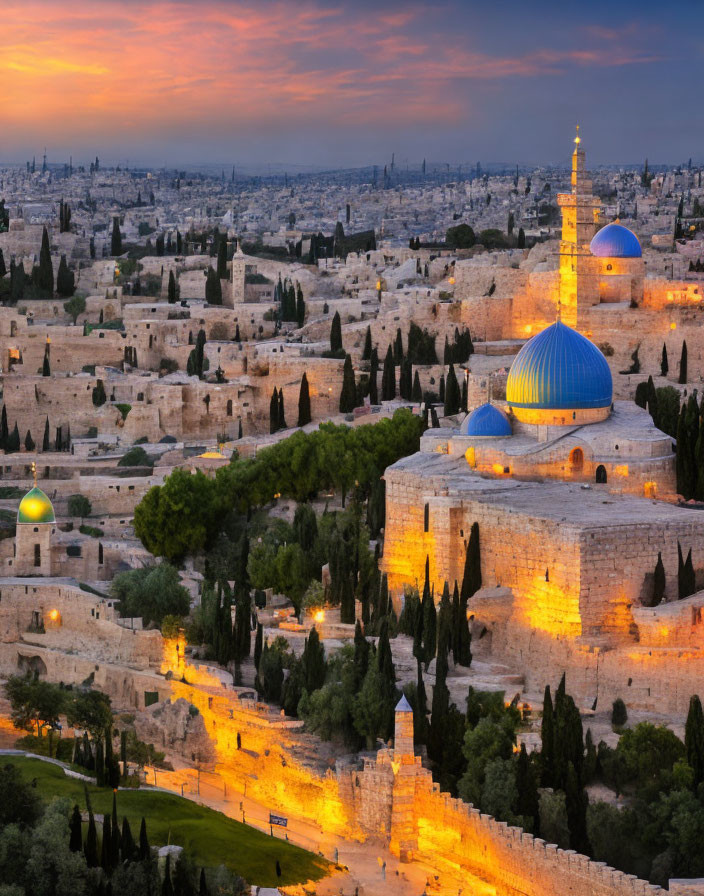 Historic city with ancient walls and domed structures at twilight