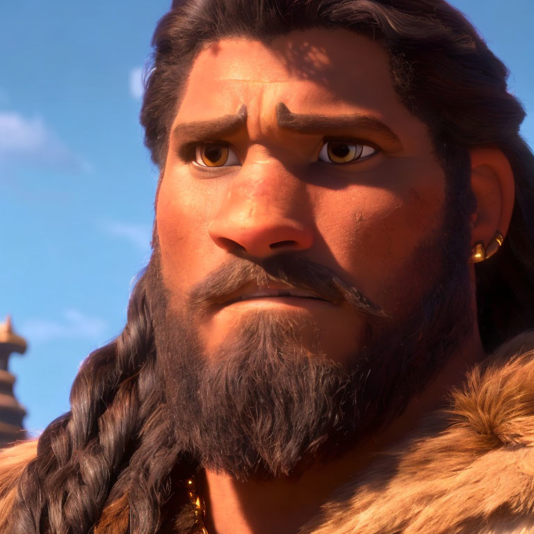 Detailed close-up of serious 3D animated male character with thick eyebrows, long hair, and bra