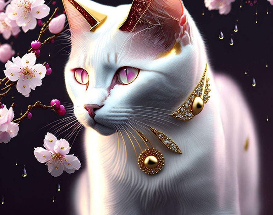 Majestic white cat with golden jewelry on dark background and pink cherry blossoms