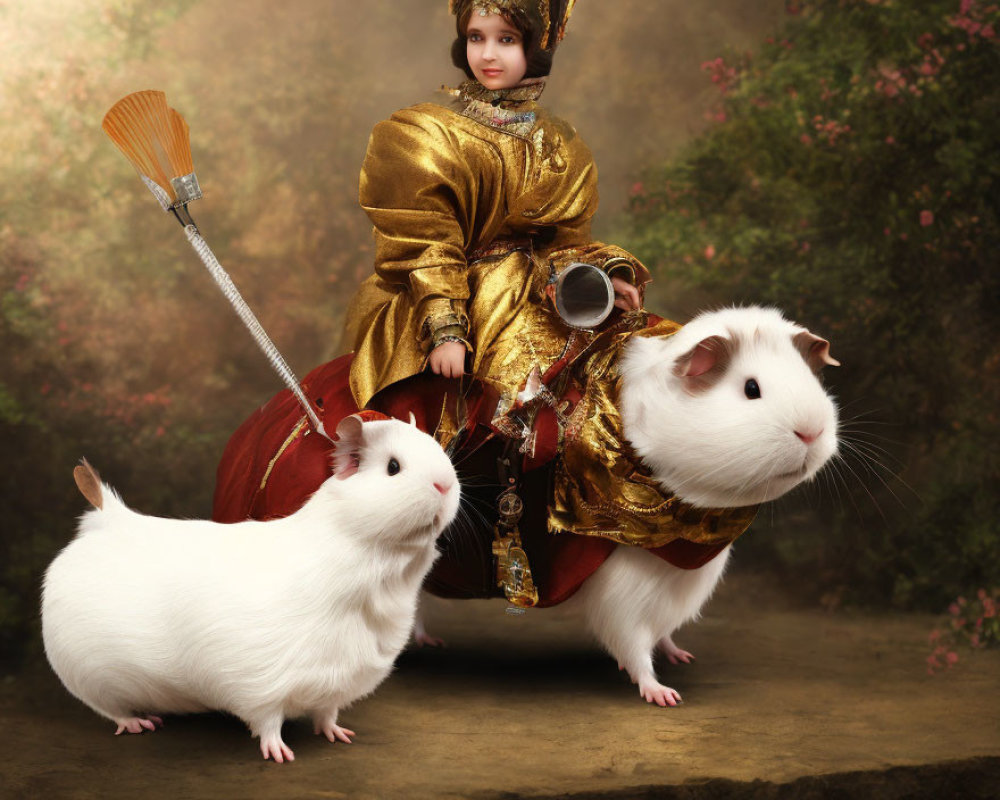 Child in golden costume rides guinea pig with lance, painterly backdrop